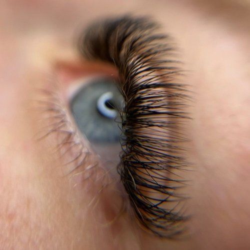 Nærbillede af blågrønt øje med fyldige eyelash extensions. Vipperne er tætte og buede, hvilket fremhæver øjets form og skaber et elegant, naturligt resultat.