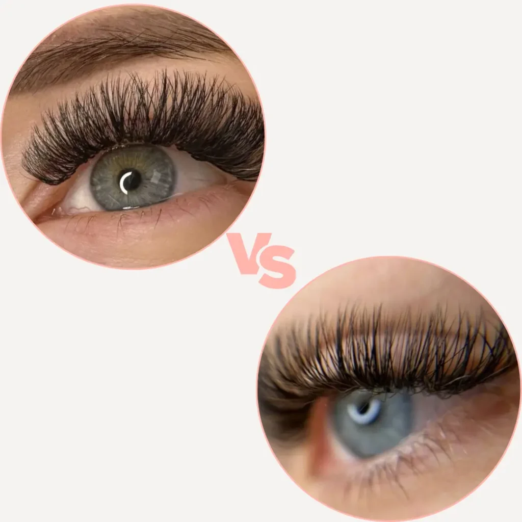 Sammenligning af hybrid og klassisk eyelash extensions – forskellen ses tydeligt i volumen og tæthed