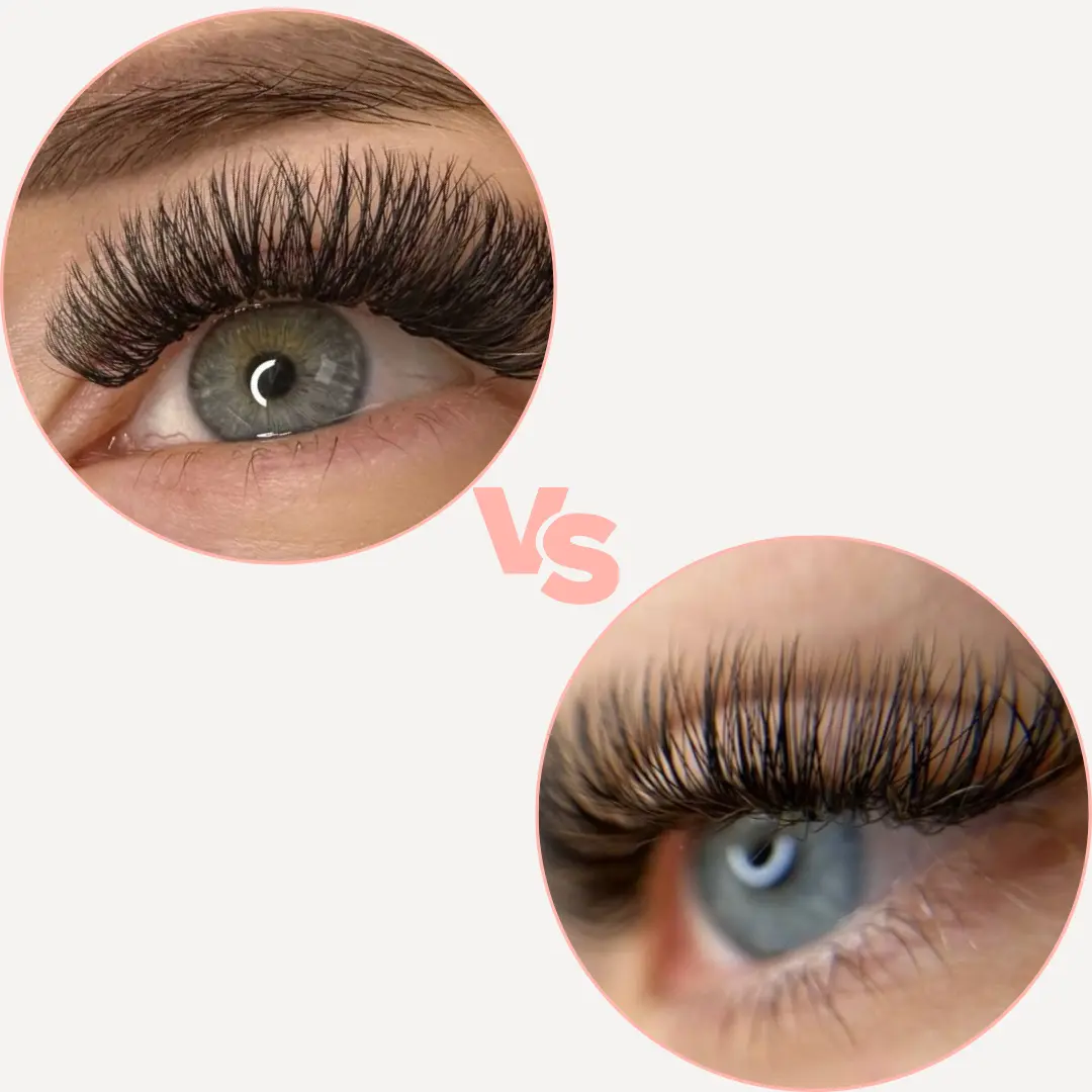 Sammenligning af hybrid og klassisk eyelash extensions – forskellen ses tydeligt i volumen og tæthed