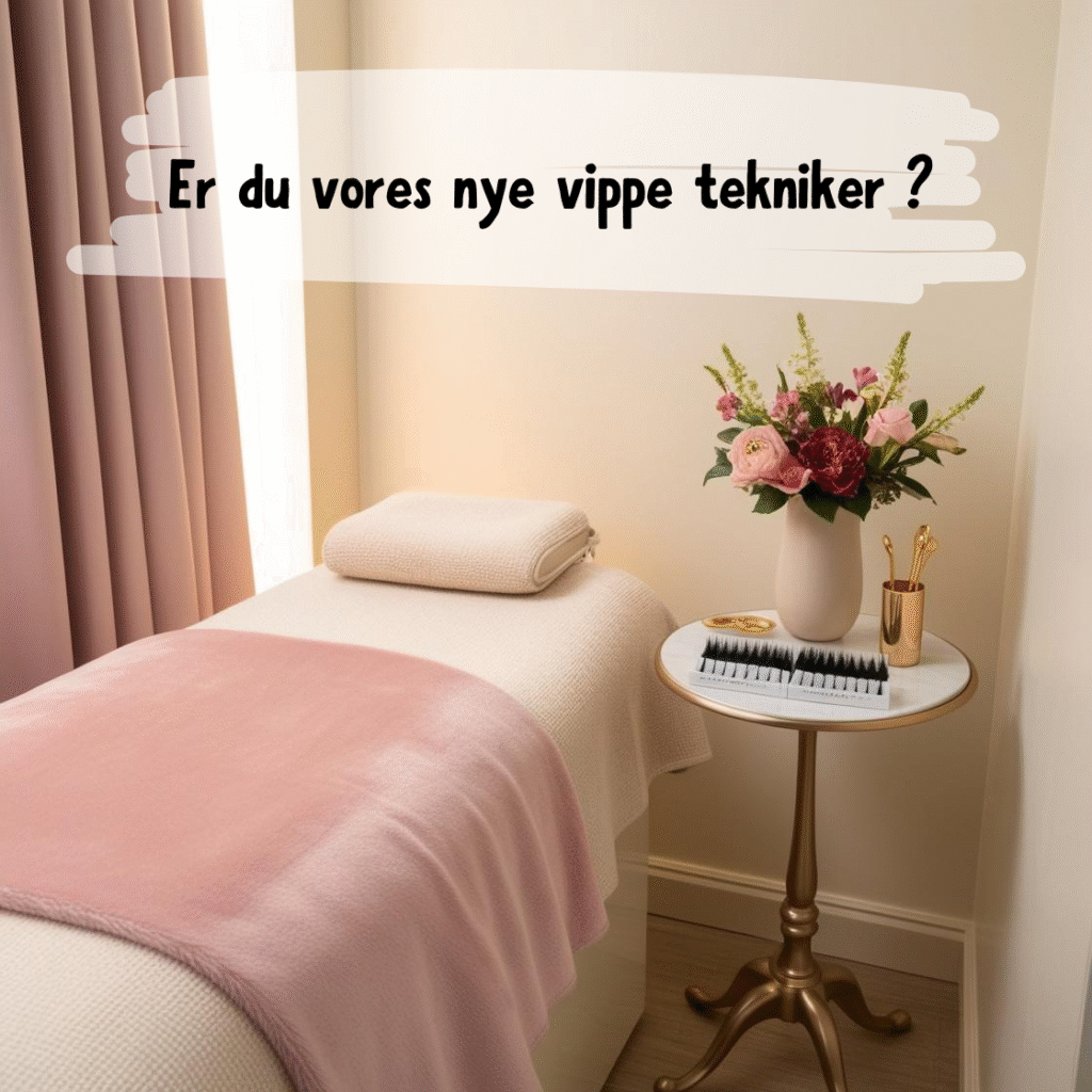 Billedet viser en indbydende behandlingsplads med en blød briks dækket af et rosa tæppe, omgivet af varme nuancer og blomster i en vase. På et lille bord står vipperedskaber klar, klar til den næste behandling. Stemningen er rolig og harmonisk – præget af BeautyByDau’s karakteristiske bløde og feminine stil. Dette billede indbyder nye vippeteknikere til at blive en del af teamet, hvor kvalitet og tryghed er i centrum. Det symboliserer et miljø, hvor skønhed møder omsorg, og hvor du kan udvikle dine færdigheder.