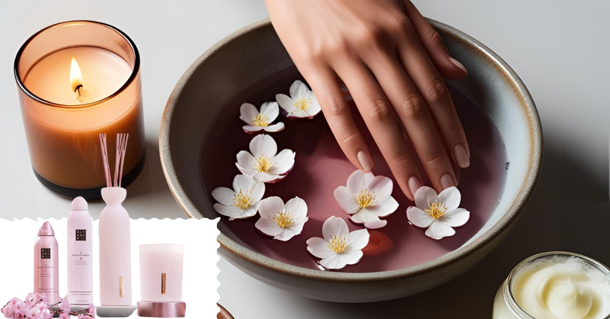 Hånd i skål med blomster og pink bademælk under luksus manicure-behandling, omgivet af tændt duftlys, creme og eksklusive plejeprodukter fra Rituals Sakura-serien.