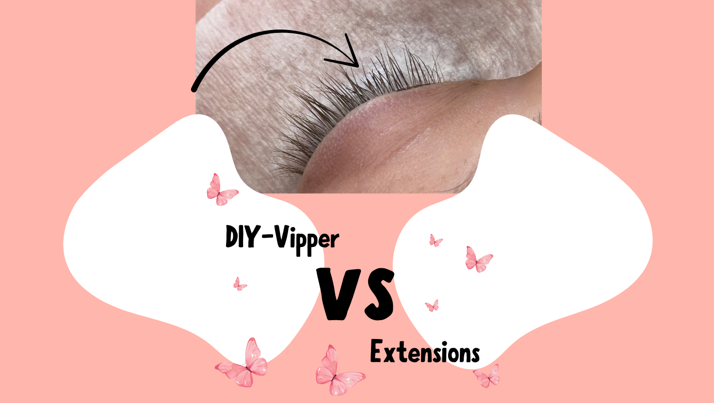 Sammenligning af DIY-vipper og eyelash extensions med nærbillede af øje og grafisk VS-design med sommerfugle og pastel farver.