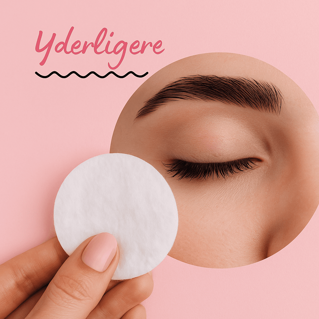 Lukket øje med fyldige vipper og velplejede bryn, hvor en hånd fjerner makeup med en rondel – symboliserer afrensning, lash lift og brynbehandling hos BeautyByDau i Sønderborg.
