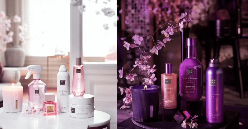 Rituals produkter fra serierne Sakura og Yozakura i lyserøde og lilla nuancer, der understøtter den eksklusive Dry & Luksus Manicure oplevelse hos BeautyByDau.
