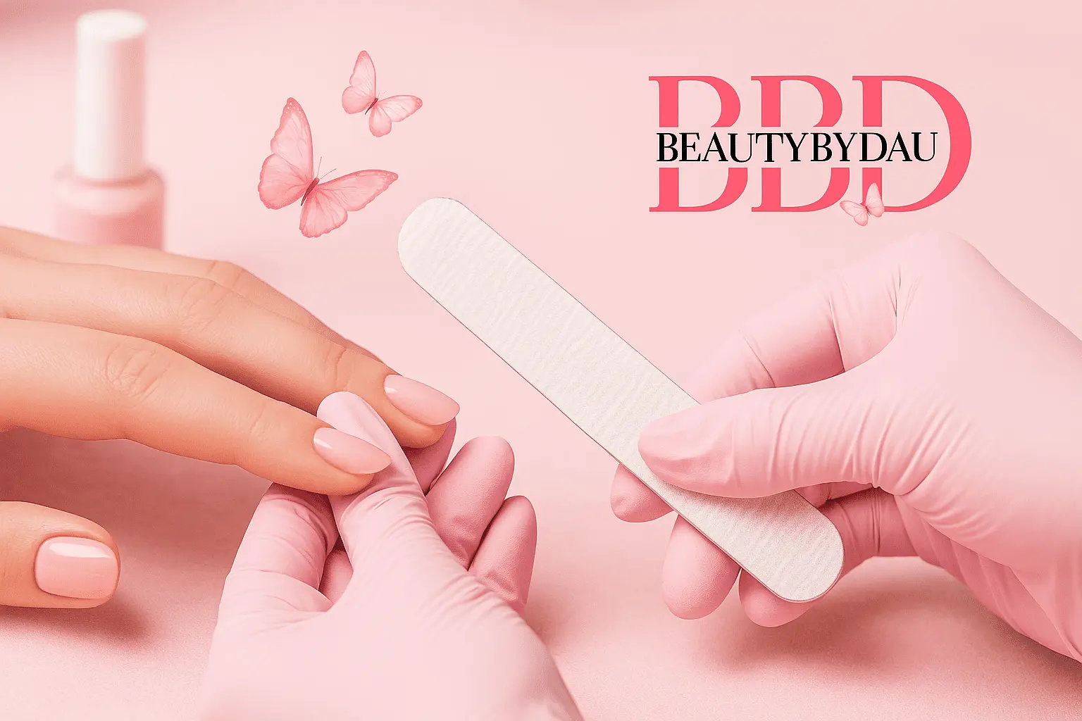 Professionel manicure hos BeautyByDau i Sønderborg – lyserød stemning med sommerfugle og filing af negle.