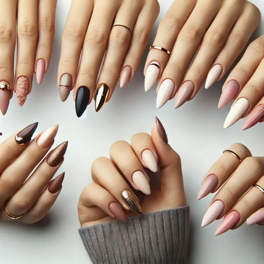 Forskellige negleformer og stile vist på hænder med velplejede negle i neutrale og metalliske farver. Billedet illustrerer en negleform guide til inspiration hos BeautyByDau.