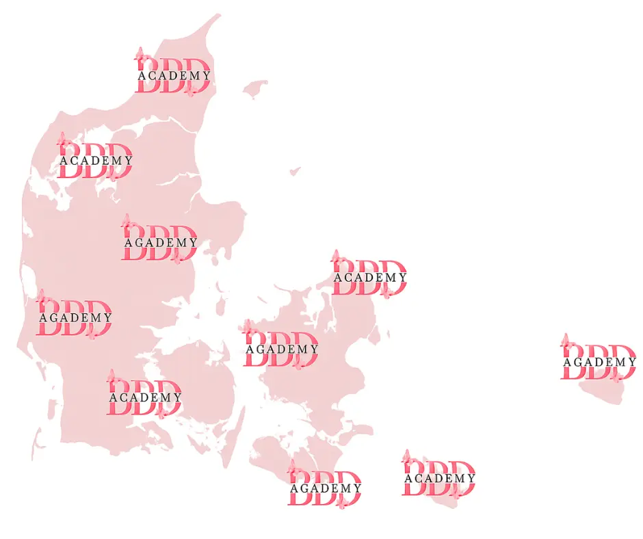 Oversigt: Danmarkskort med fokus på Esbjerg – online lash-undervisning og startpakke