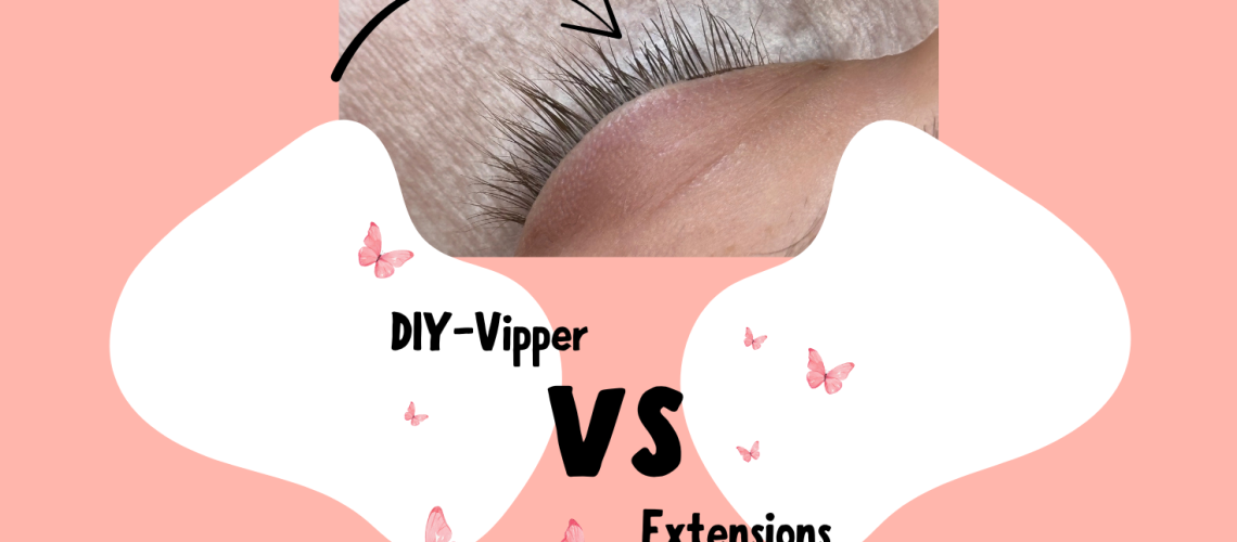 Sammenligning af DIY-vipper og eyelash extensions med nærbillede af øje og grafisk VS-design med sommerfugle og pastel farver.