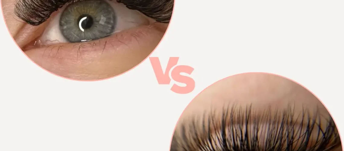 Sammenligning af hybrid og klassisk eyelash extensions – forskellen ses tydeligt i volumen og tæthed