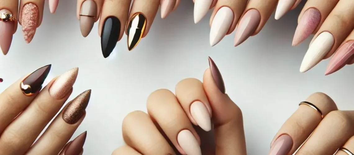 Forskellige negleformer og stile vist på hænder med velplejede negle i neutrale og metalliske farver. Billedet illustrerer en negleform guide til inspiration hos BeautyByDau.